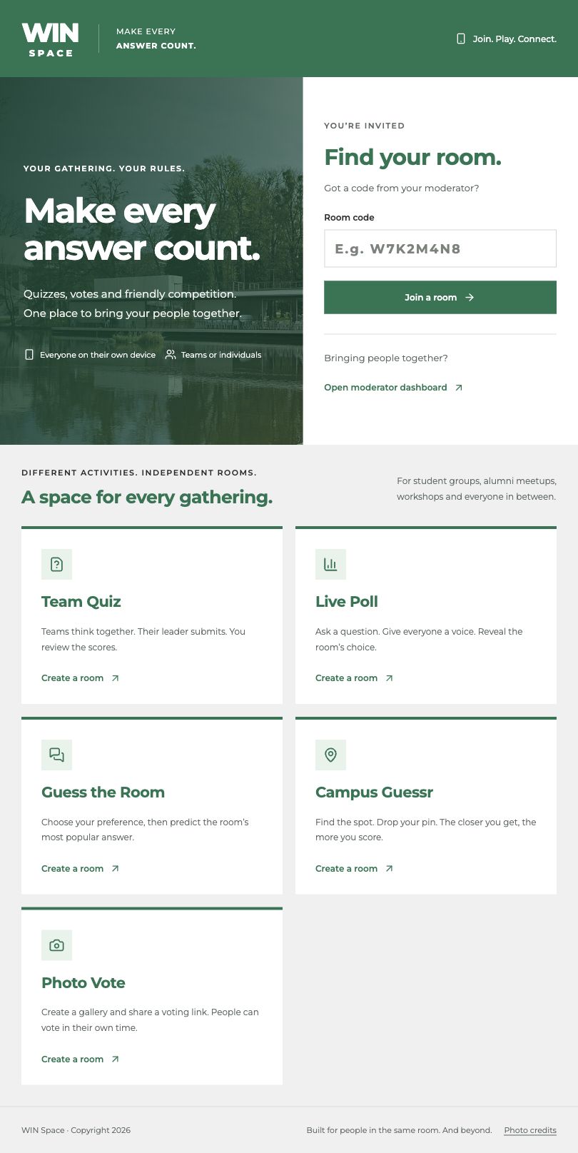 The WIN Space homepage, with room-code entry and activity selection.